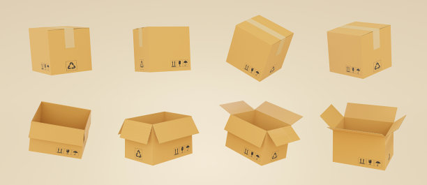 3D渲染现实的纸板棕色送货箱模型集关闭孤立的棕色背景。送货箱上有易碎品小心标志，小心搬运。包裹包装模板。图片下载