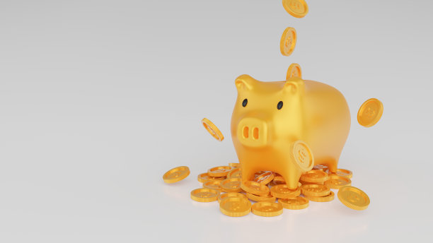 3D渲染现实的黄金储蓄罐猪与下落的金币在白色背景与空白的文字。金融储蓄与银行经济的概念。图片下载