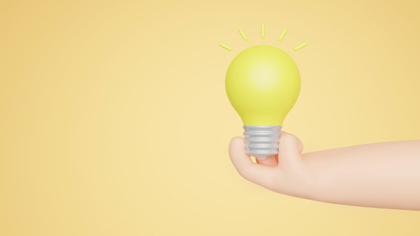 3D卡通手握灯泡孤立在黄色背景。思维、好主意和商业成功的创意观念。3 d渲染图图片下载