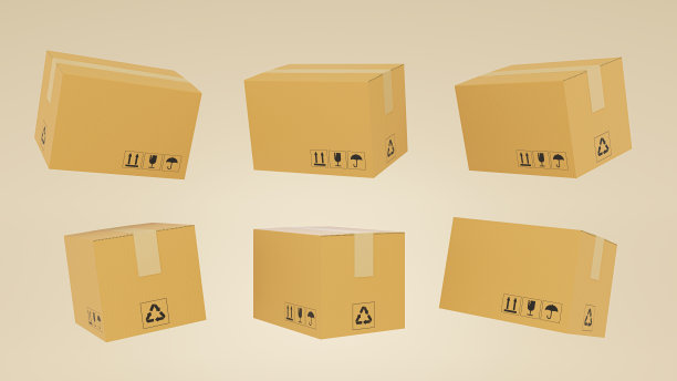 3D渲染现实的纸板棕色送货箱模型设置从侧面，正面和顶视图打开和关闭孤立的棕色背景。送货箱上有易碎品小心标志，小心搬运。包裹包装模板。图片下载