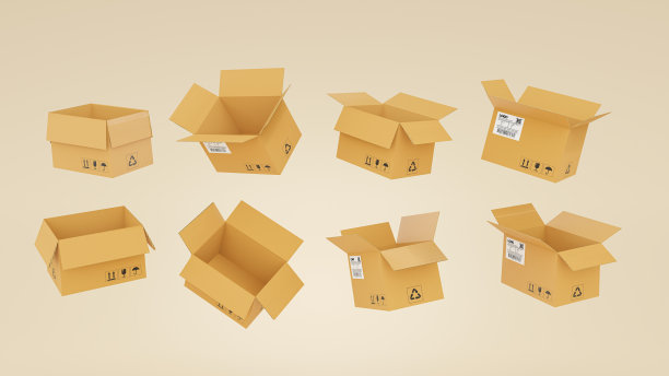 3D渲染现实的纸板棕色送货箱模型集关闭孤立的棕色背景。送货箱上有易碎品小心标志，小心搬运。包裹包装模板。图片下载