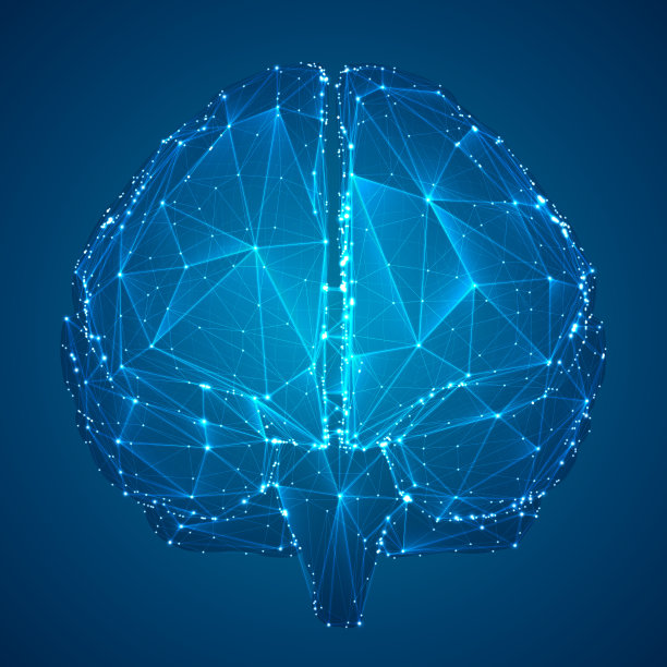 三维矢量网络大脑。神经网络海量数据处理，蓝色背景模板界面设计。图片下载