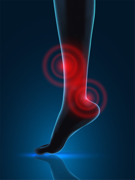 向量人脚。蓝色的轮廓和红色的疼痛点。用于医学和骨科的现成元素图片下载
