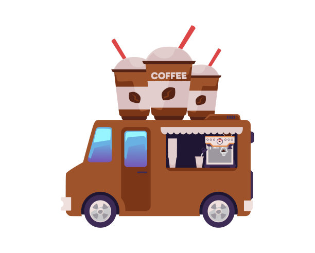咖啡车或有轮子的自助餐厅平面卡通矢量插图孤立。图片下载