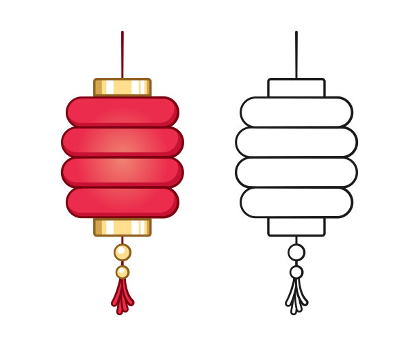 中国节日彩灯卡通轮廓和彩色集合矢量插图。传统新年亚洲红灯笼。儿童涂色页活动练习题。图片下载