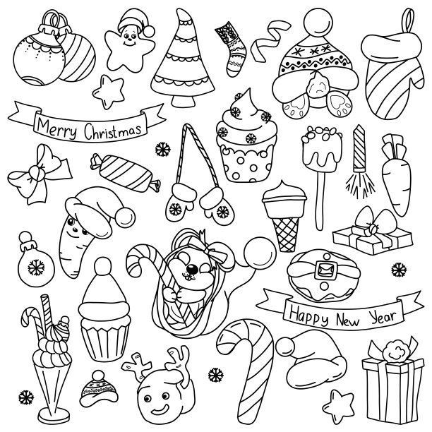 一套新年涂鸦圣诞球，胡萝卜，圣诞纸杯蛋糕。打印用于装饰邀请和海报图片下载
