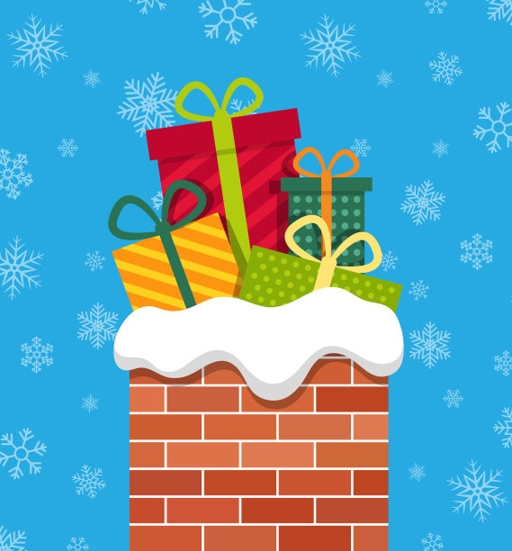 圣诞礼物和雪的烟囱。圣诞节的屋顶。给圣诞老人的卡片。冬天卡通房子的海报和新年和圣诞节的礼物。向量图片下载