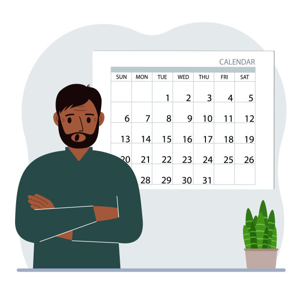 男人计划他的日程，一个月的会议，假期，周末和重要的约会。时间管理和优化。大日历和一个男人。图片下载