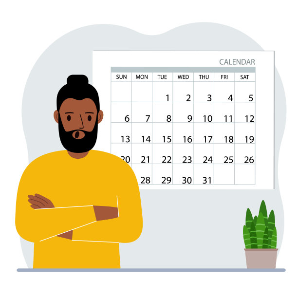 男人计划他的日程，一个月的会议，假期，周末和重要的约会。时间管理和优化。大日历和一个男人。图片下载