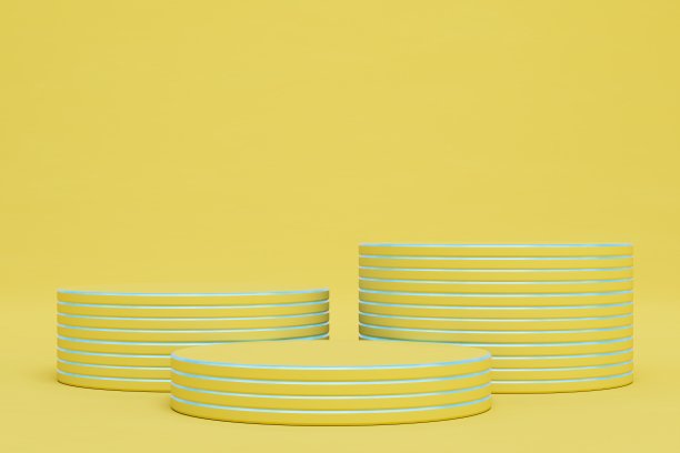 放置产品的平台，在黄色的背景上，以不同大小的黄色圆的形式。三维渲染图片下载