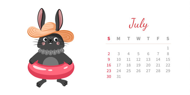 2023年7月日历页横向模板。可爱的兔子戴着草帽和游泳圈。兔子，中国的象征和新年的吉祥物。一周从星期天开始。矢量插图。图片下载