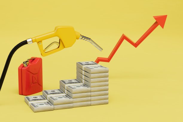 燃料价格上涨。一罐汽油旁边是一幅上涨的价格图表和一叠叠美元。三维渲染图片下载