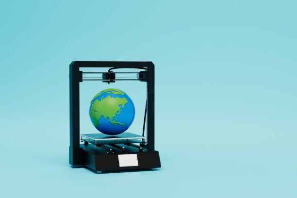 在3D打印机上建立行星的模型。一个蓝色背景上的星球模型的3D打印机。三维渲染图片下载