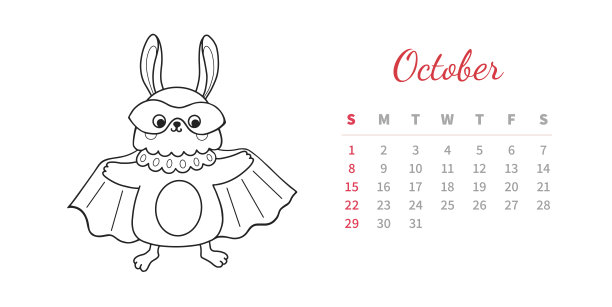 2023年10月水平日历页与可爱的大纲兔子。兔子穿着蝙蝠万圣节服装和面具。中国新年的象征。涂色书矢量插图。图片下载