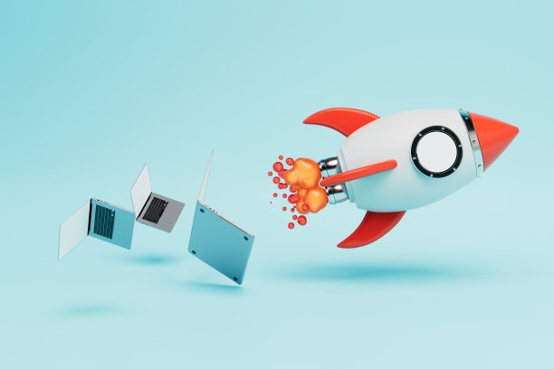 互联网技术快速发展。火箭即将起飞，蓝色背景下的笔记本电脑。三维渲染图片下载