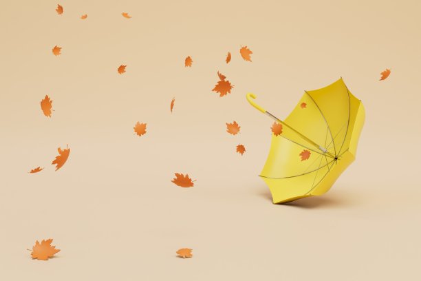 一把伞在空中飞舞，树叶在柔和的背景下散落。复制粘贴，复制空格。三维渲染图片下载