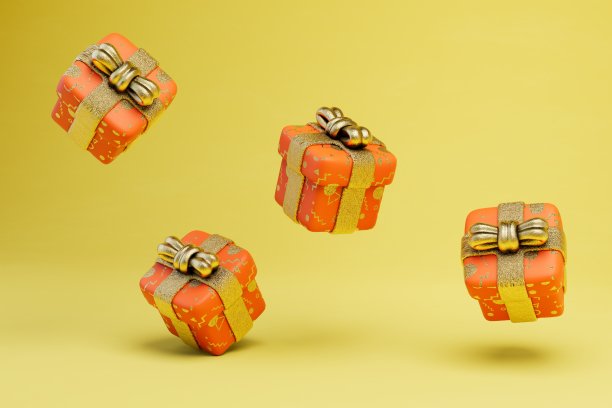 黄色背景上漂亮蝴蝶结飞舞的礼品盒。三维渲染图片下载