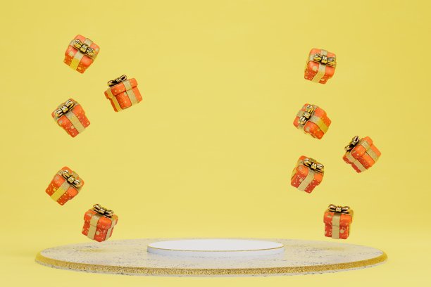的礼物。一种圆形的平台，用来放置产品，其两侧是礼品盒。三维渲染图片下载