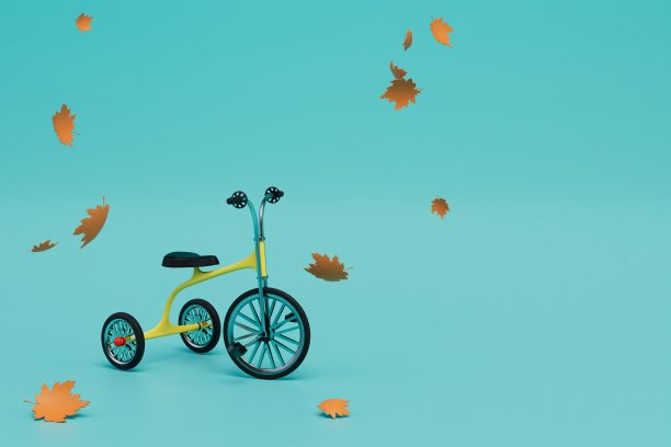 秋天的儿童娱乐。一辆儿童三轮车，周围的树叶散落在蓝色背景上。三维渲染图片下载