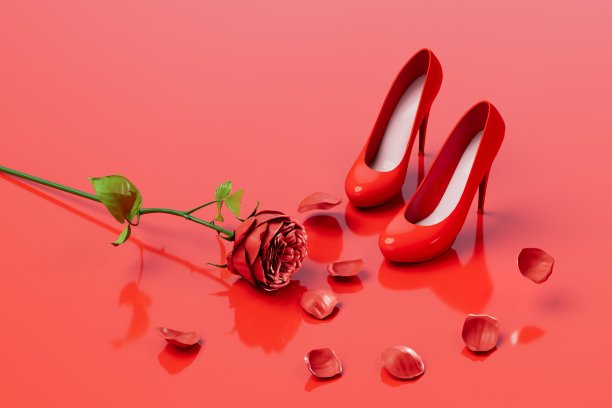 漂亮的红鞋旁边是一朵红玫瑰，花瓣落在红色的背景上。三维渲染图片下载