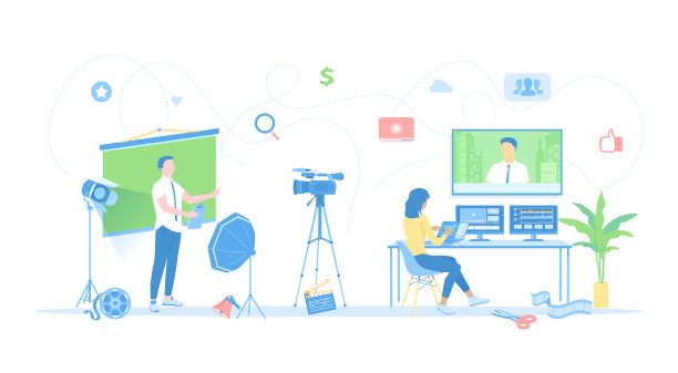 视频制作，录音，视频摄影，博客。与主持人在工作室拍摄视频。在监视器上进行视频编辑。矢量插画平面风格。图片下载