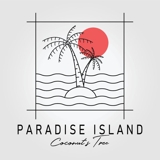 棕榈或椰子线艺术标志矢量插画设计。复古手绘手掌标志徽章模板设计。落日在岛上的标志概念图片下载