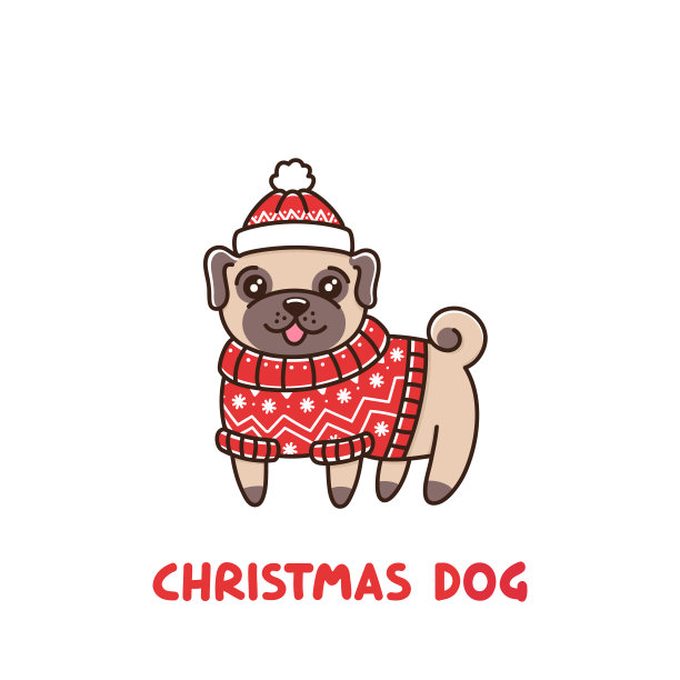 Ð '狗品种哈巴狗在一个公平岛红色毛衣和帽子。可用于贴纸、贴片、手机壳、海报、t恤、马克杯等设计。图片下载