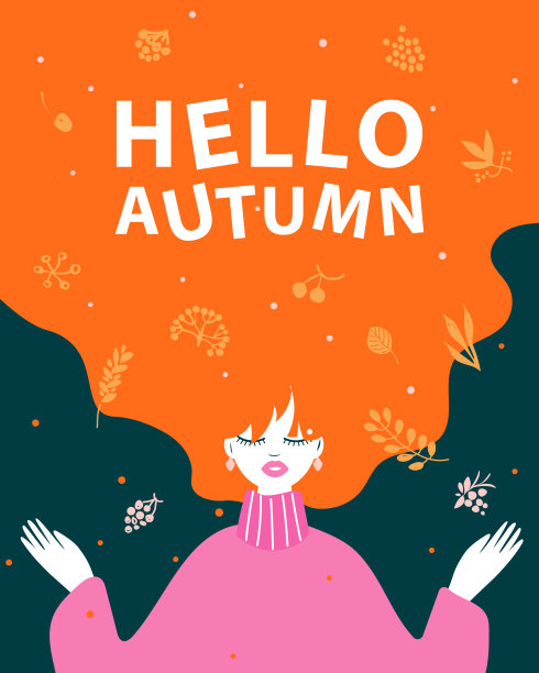 你好秋天，设计用一个年轻的红头发开朗的女孩和题词，女孩在秋天的树叶，矢量插画图片下载