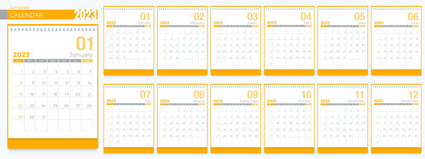 2023年日历模板。12个月，简单的每月垂直日历企业设计英文版式。从周日开始一周。3D矢量孤立插画设计卡通粉彩极简风格。图片下载