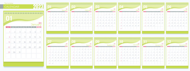 2023年日历模板。12个月，简单的每月垂直日历企业设计英文版式。从周日开始一周。3D矢量孤立插画设计卡通粉彩极简风格。图片下载