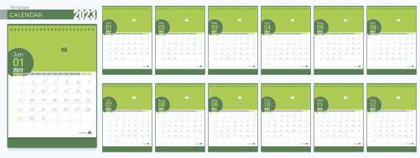 2023年日历模板。12个月，简单的每月垂直日历企业设计英文版式。从周日开始一周。3D矢量孤立插画设计卡通粉彩极简风格。图片下载