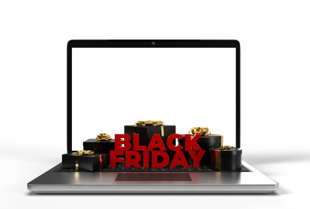 黑色星期五3D渲染。商业概念和数字在线营销与笔记本电脑，礼品盒，和黑色星期五文本在背景。屏幕上带有剪切路径的模板图片下载