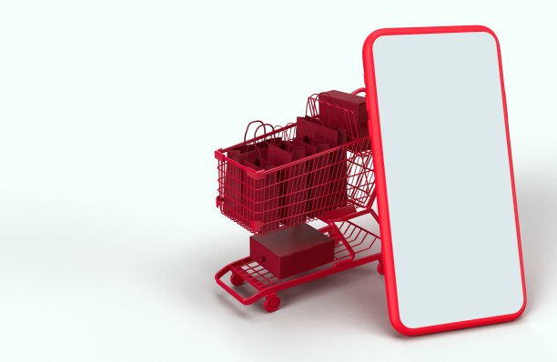 网上购物3D渲染。商业概念和数字在线营销与智能手机，购物袋，购物车在后台。屏幕上带有剪切路径的模型模板图片下载