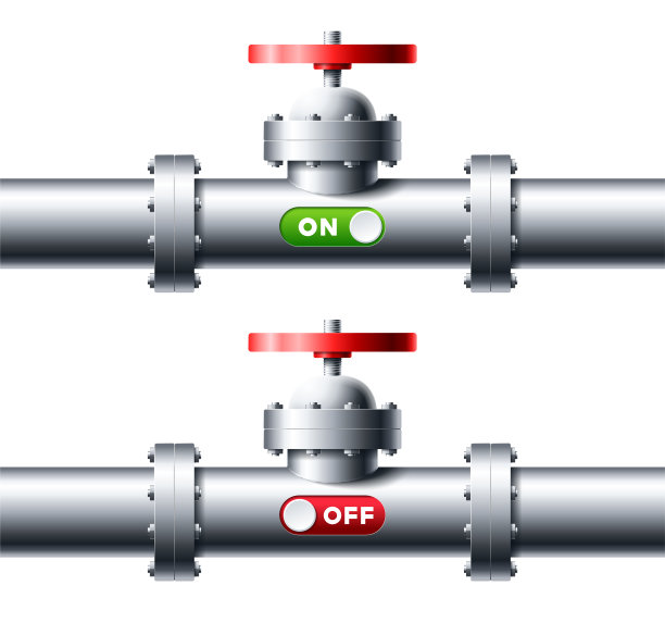 金属管道设置红色水龙头，红色按钮关闭和绿色滑块打开矢量插图图片下载