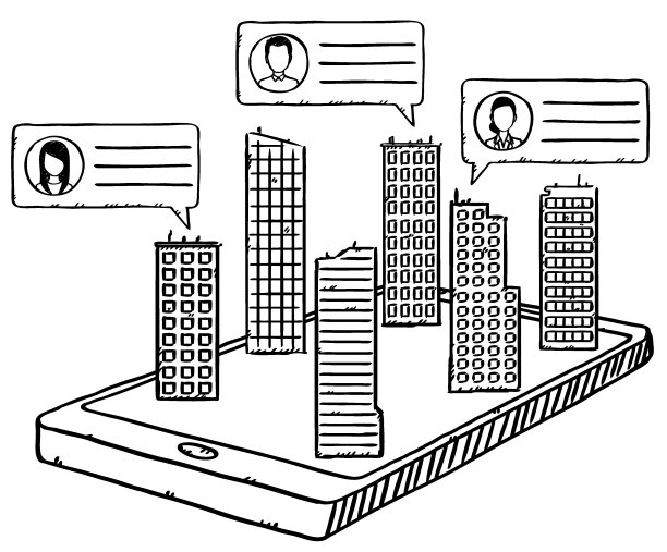 来自不同大楼的同事之间的黑白家庭办公室通讯，显示在手机屏幕上。草图风格的手绘矢量插图。图片下载