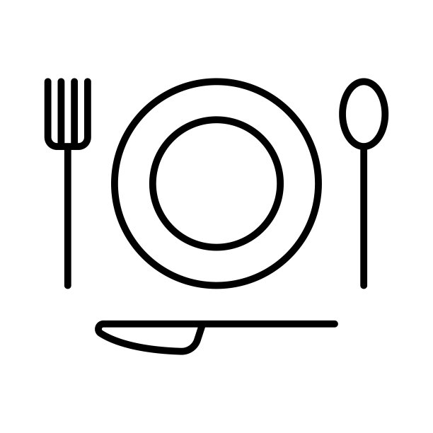 盘子，勺子，叉子，刀的图标。黑色轮廓直线轮廓。顶部前侧视图。可编辑的中风。矢量简单的平面图形插图。白色背景上的孤立物体。隔离。图片下载