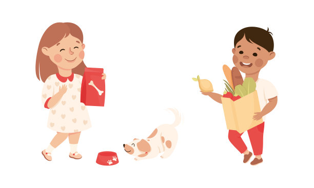 可爱的孩子在做家务。女孩喂她的狗，男孩拿着装满杂货的纸购物袋卡通矢量插图图片下载