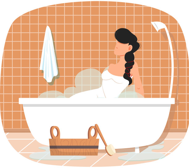 女性角色在家中放松桑拿和沐浴用品。有热水的女士坐在浴缸里图片下载