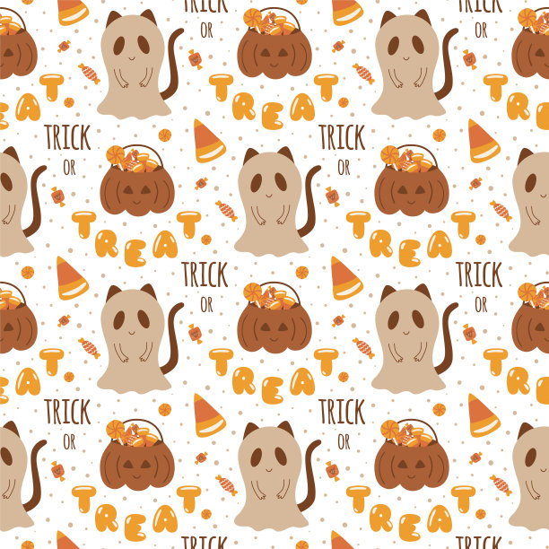 万圣节的猫穿着鬼的服装。不给糖就捣蛋的万圣节无缝图案。万圣节派对。可爱稚嫩的插画质感面料，包装纸，纺织品，墙纸。向量的背景。图片下载