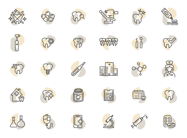 牙科护理和牙科服务的现代细线图标。牙科-轮廓图标集，简单的细线图标集合。牙科护理设备和医疗部件。口腔正畸学的概念。向量图片下载
