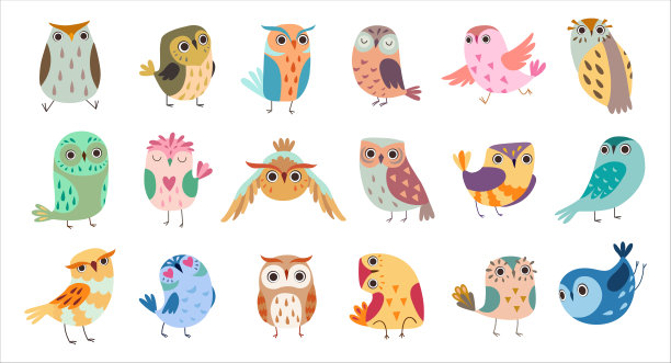 有趣的小猫头鹰与大眼睛和喙林地鸟与翅膀大向量集图片下载