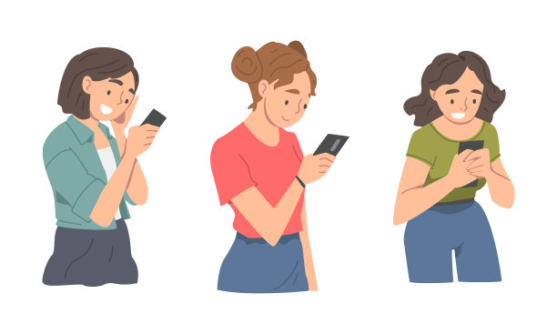 年轻人使用智能手机。欢快的女孩看着手机屏幕和短信卡通矢量插画图片下载