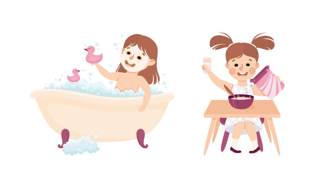 可爱的小女孩每天例行公事。可爱的孩子吃早餐和洗澡的浴缸卡通矢量插图图片下载