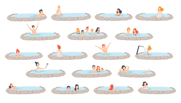 人物人物享受户外温泉放松在热水向量集图片下载