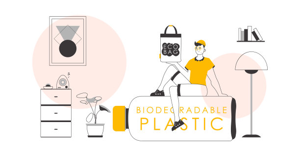 生态袋和塑料的概念。那家伙手里拿着一个环保包。线性时尚风格。图片下载