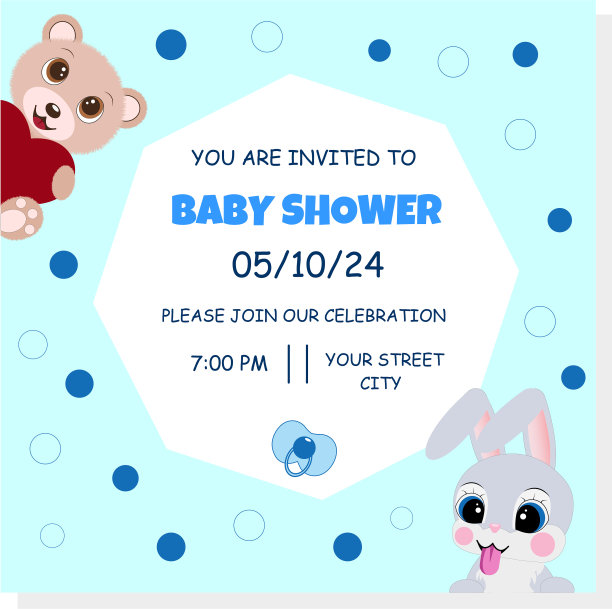 婴儿送礼会贺卡与泰迪熊和兔子。为男孩。图片下载