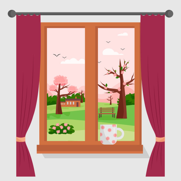 从窗户往外看风景。窗户，开花的树和长凳，房子和小山。图片下载