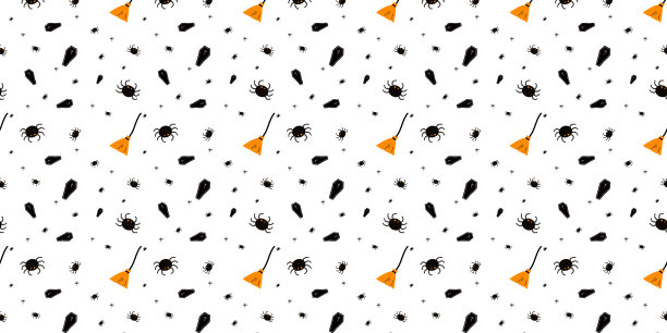 万圣节图案的棺材，蜘蛛，扫帚，女巫的扫帚图片下载