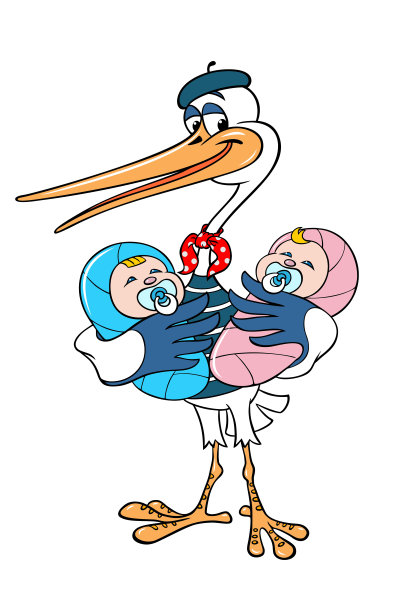 鹳作为一个法国哑剧。鹳与双胞胎。矢量彩色图像的法国鹳与双胞胎，孤立的白色。双胞胎，一男一女。图片下载