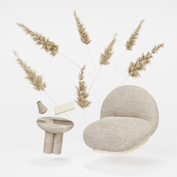 零重力家具，扶手椅，茶几，白色背景，室内。3D渲染插图，孤立的物体。图片下载